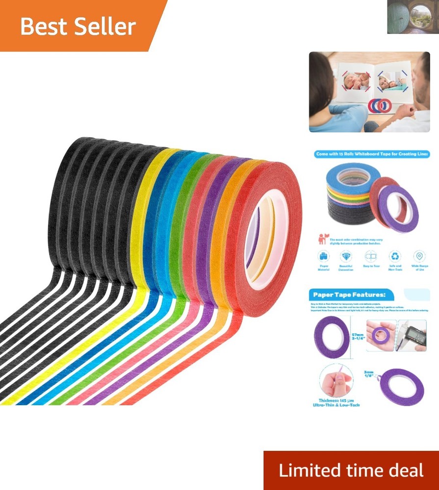 Ultra-Thin 1/8 Inch Paper Art Pinstripe Tape – 15 Rolls in Colorful Assortment