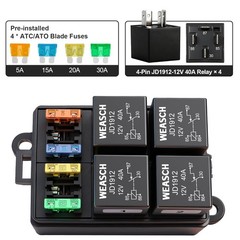 12V 4 Way Fuse Relay Box, 4 Relays and 4 ATC/ATO Blade Fuses, Universal Fuse and