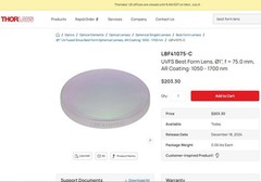 CVI Best Form lens YAG laser 1064nm UV Fused Silica BICX Ø25.4mm FL 75.0mm
