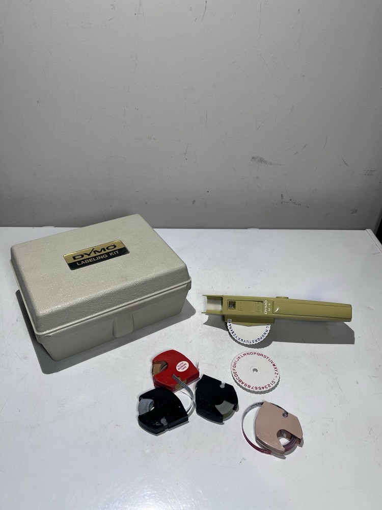 DYMO Mark VI M-6 Tape Writer Label Maker w/Storage Case 2 Wheels + 4 Tapes Vtg