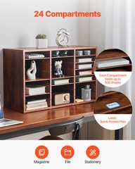 Uimoso Wooden Literature Organizer 24 Compartments Removable Shelves Dark Brown