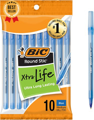 10 Pack Blue Ballpoint Pens Medium Point 1.0mm Round Stic Xtra Life Bulk