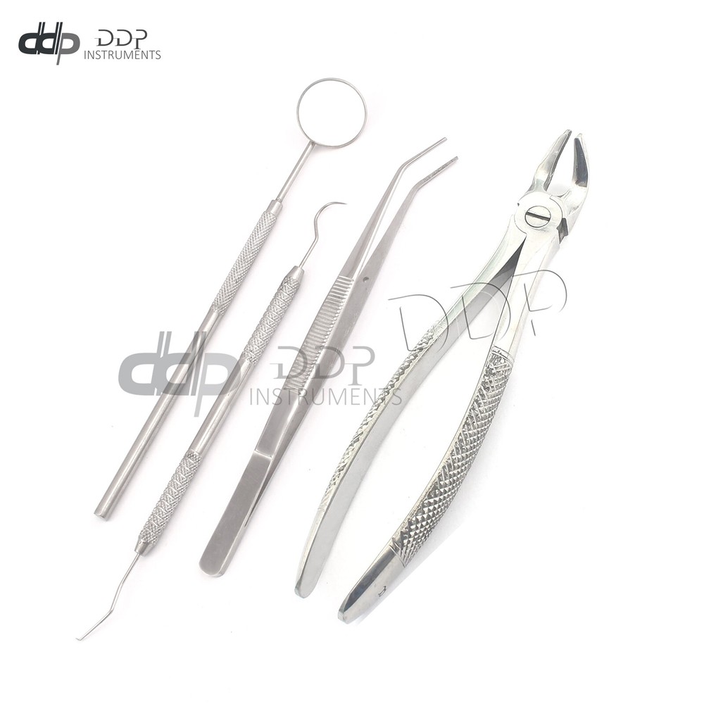 4 PC BASIC DENTAL EXTRACTING FORCEPS #8 COLLEGE PLIERS PROBE MIRROR #5 SET KIT