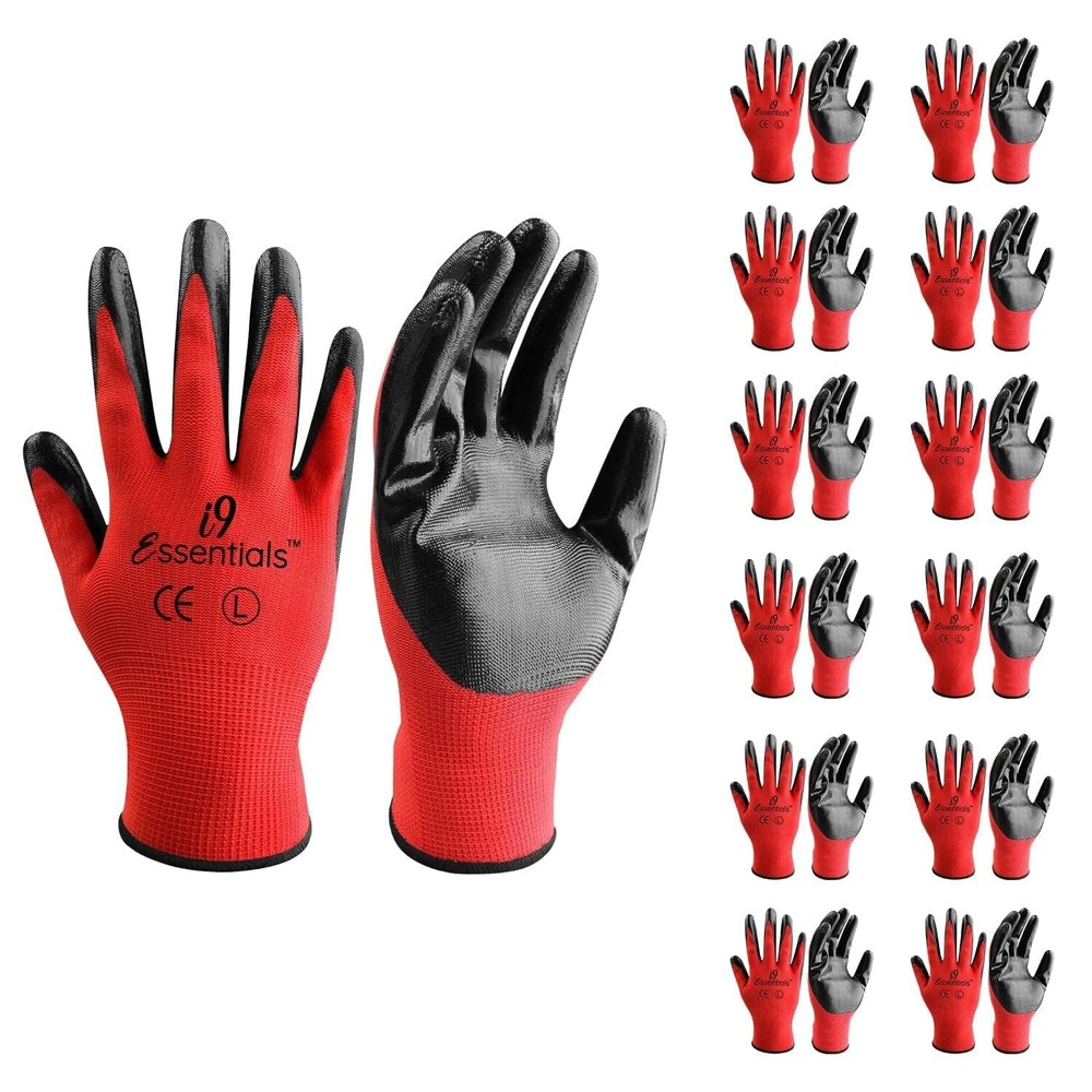 Safety Work Gloves Bulk Nitrile Red Coated Durable, Washable, Reusable Men Women