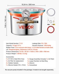VEVOR 1.5Gal Vacuum Chamber Stainless Steel Degassing Chamber Tempered Glass Lid
