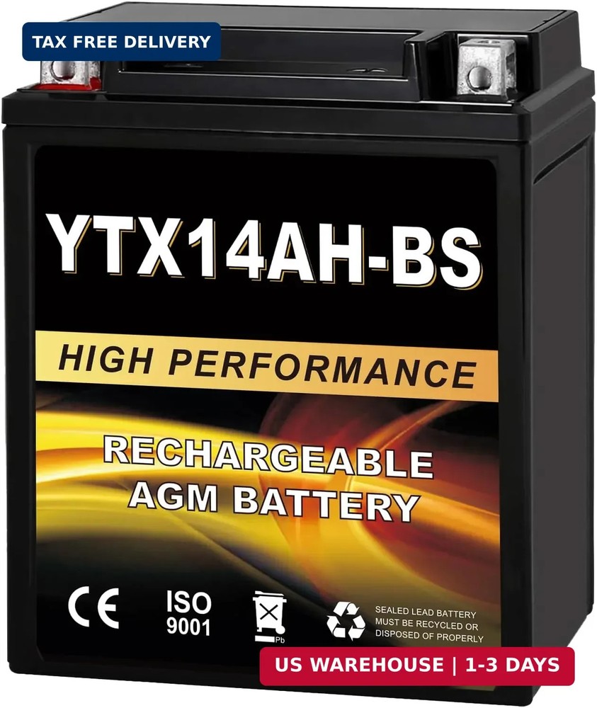 YTX14AH-BS 12V 12Ah AGM Sealed Motorcycle Battery, Maintenance-Free, Compatible