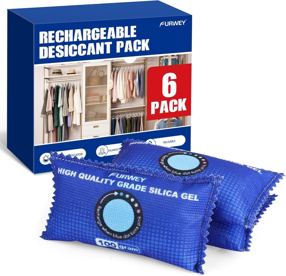 100g [ 6 Packs] Rechargeable Desiccant Packs for Storage, Color Indicating Silic
