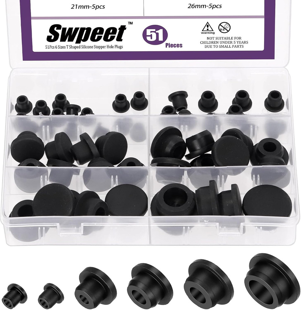 51 Pcs 6 Sizes 8.3/10/15/19/21/26mm Silicone Rubber Hole Plug Kit, T-Shaped