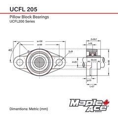 UCFL205 Flange Bearing 25mm Bore, Oval 2-Bolt, Solid Base, 3 Lips Seal (Qty 1)