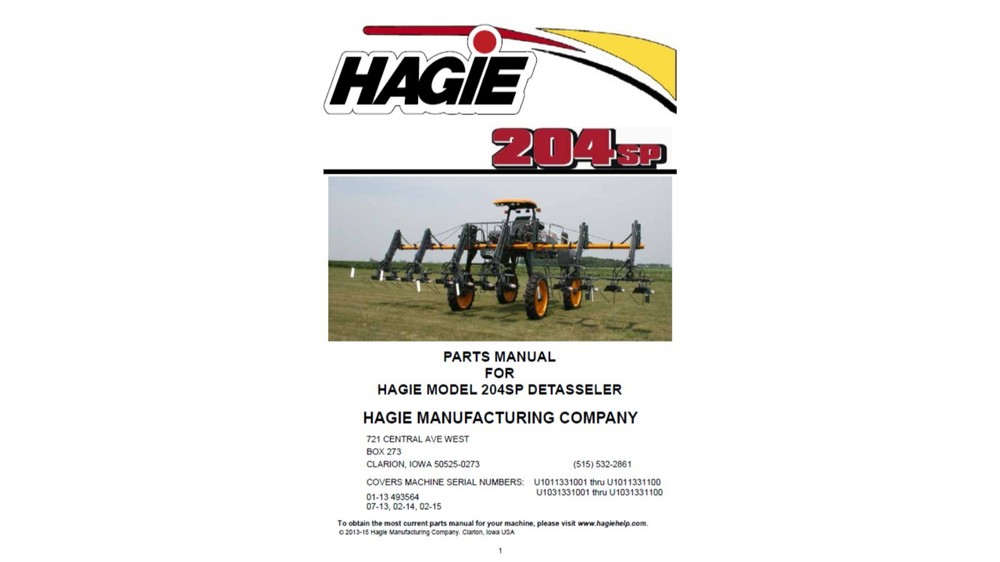 Hagie 204SP Sprayer see S/N in description Spare Parts List Manual PDF USB