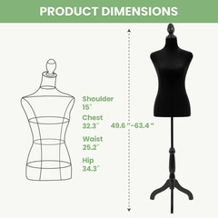 FDW Adjustable Female Dress Form Sewing Mannequin Wooden Tripod Stand Black