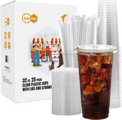 25 Sets 32 OZ Clear Plastic Cups with Lids and Straws, Disposable To Go Iced cof