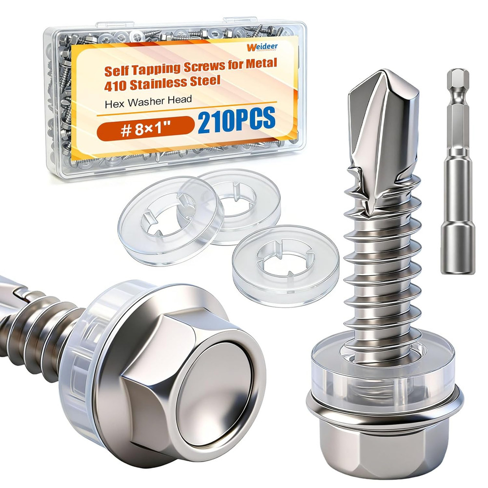 210Pcs ＃8×1″ Self Tapping Screws for Metal,410 Stainless Steel,Metal Screws Self