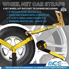 USA 4 Pack 2″ x 10′ Side Mount Wheel Net Tie Down Kit w/Wire J Hook Auto Hauler