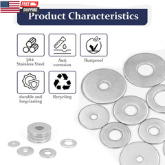 290Pcs Flat Washers, 304 Stainless Steel Fender Washers Assortment, 15 Different
