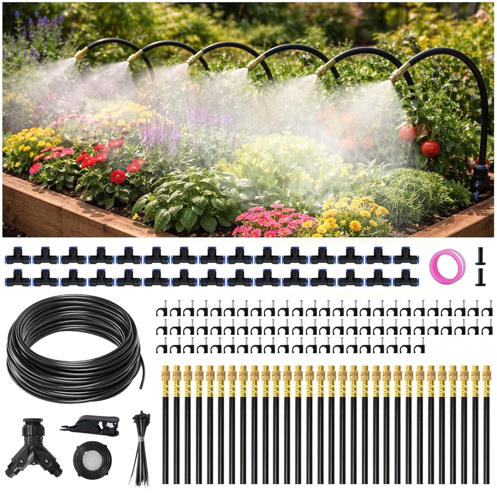 100FT Drip Irrigation System Kit Dual-Zone Garden Atomizing Watering System w…