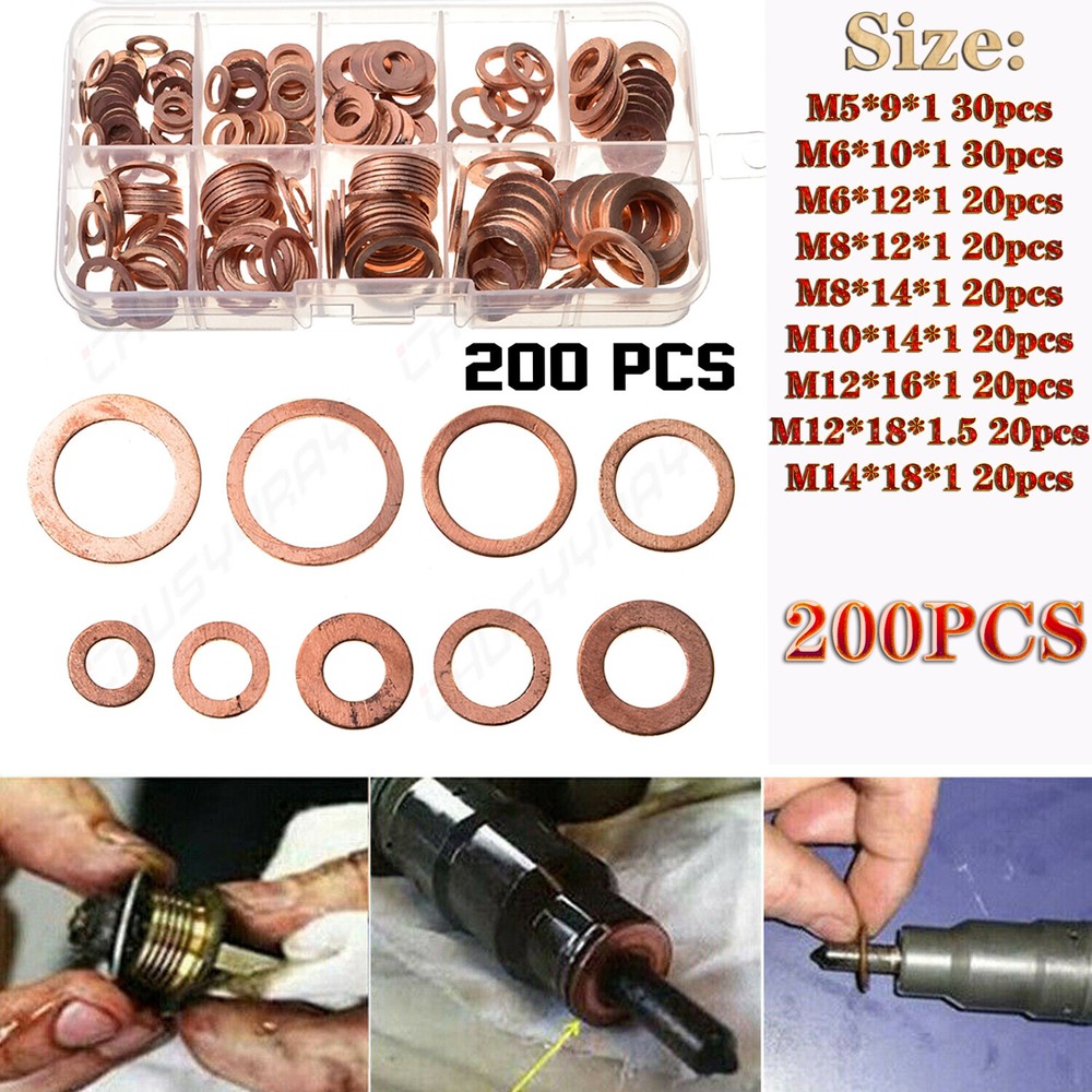 200Pcs Copper Diesel Injector Washers Fuel Set Seal Rings Assortment Kit