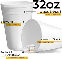 32 Oz Styrofoam Cups with Lids (25 Pack) Large Foam Cups for Hot and Cold Drinks