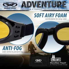 Global Vision Adventure Folding Motorcycle Goggles Black Frames with Yellow Lens