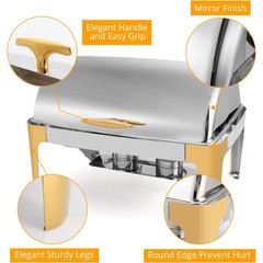Elegant Gold Stainless Steel Roll Top Chafing Dish Set, 9 QT Buffet Server New