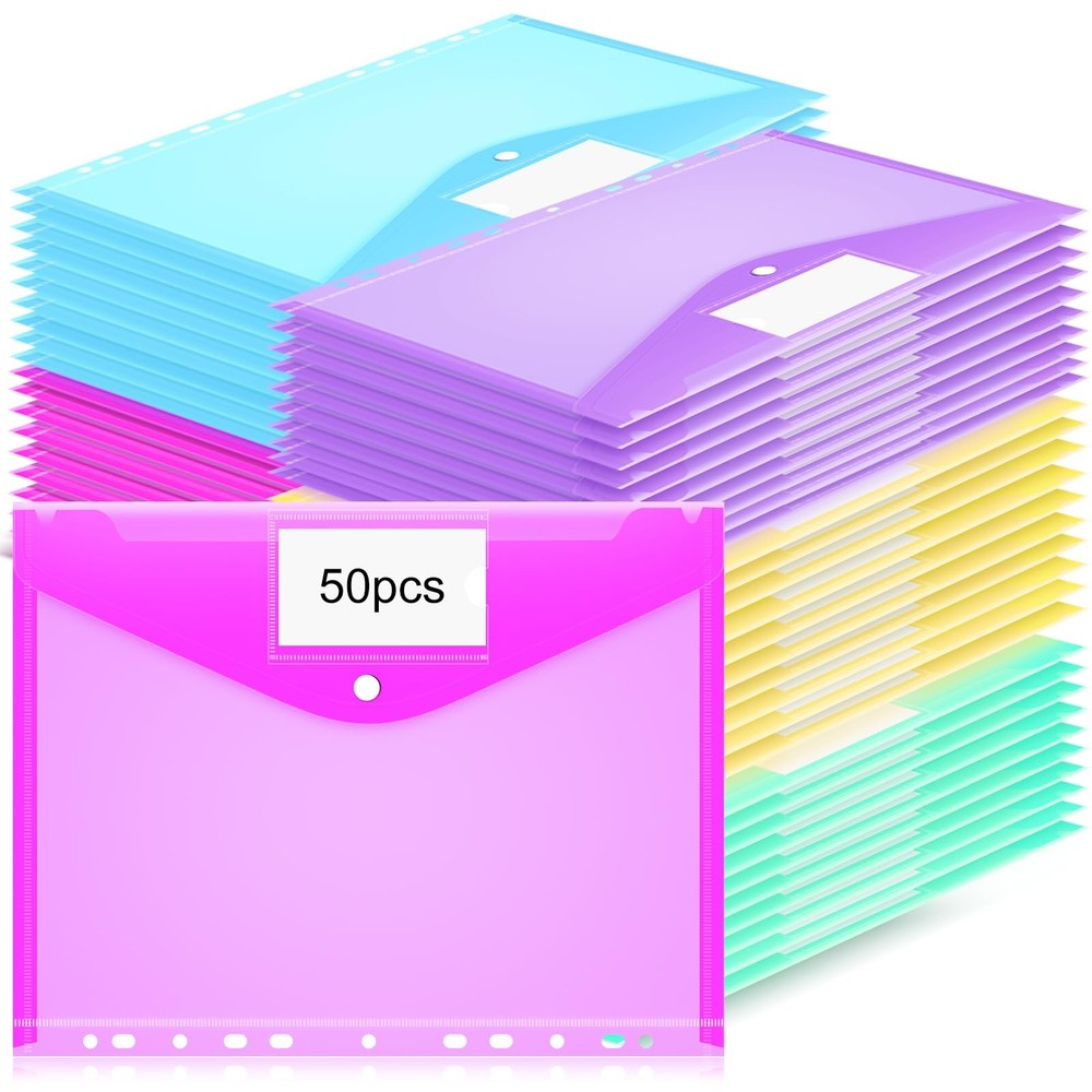 Fuutreo 50 Pcs Binder Pockets for 3 Ring Plastic Envelopes Pocket Folders 11 …