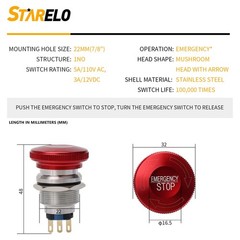 STARELO 22MM Metal Emergency Stop Mushroom Latching Push Button Switch 22mm