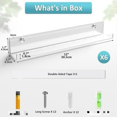 6-Pack 12in White Acrylic Vinyl Record Wall Holder Storage Display Shelf
