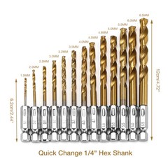 13pcs 1/4” Hex Shank Titanium Coated HSS Steel DRILL BIT Set Metal Wood Plastic