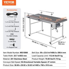 VEVOR Belt Conveyor PVC Stainless Steel Belt Conveyor 59″x23.6″ Double Guardrail