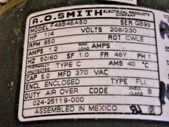 A74-AO SMITH 1/4 HP HVAC CONDENSER MOTOR F48B46A50 208/230V 850RPM 1.2A