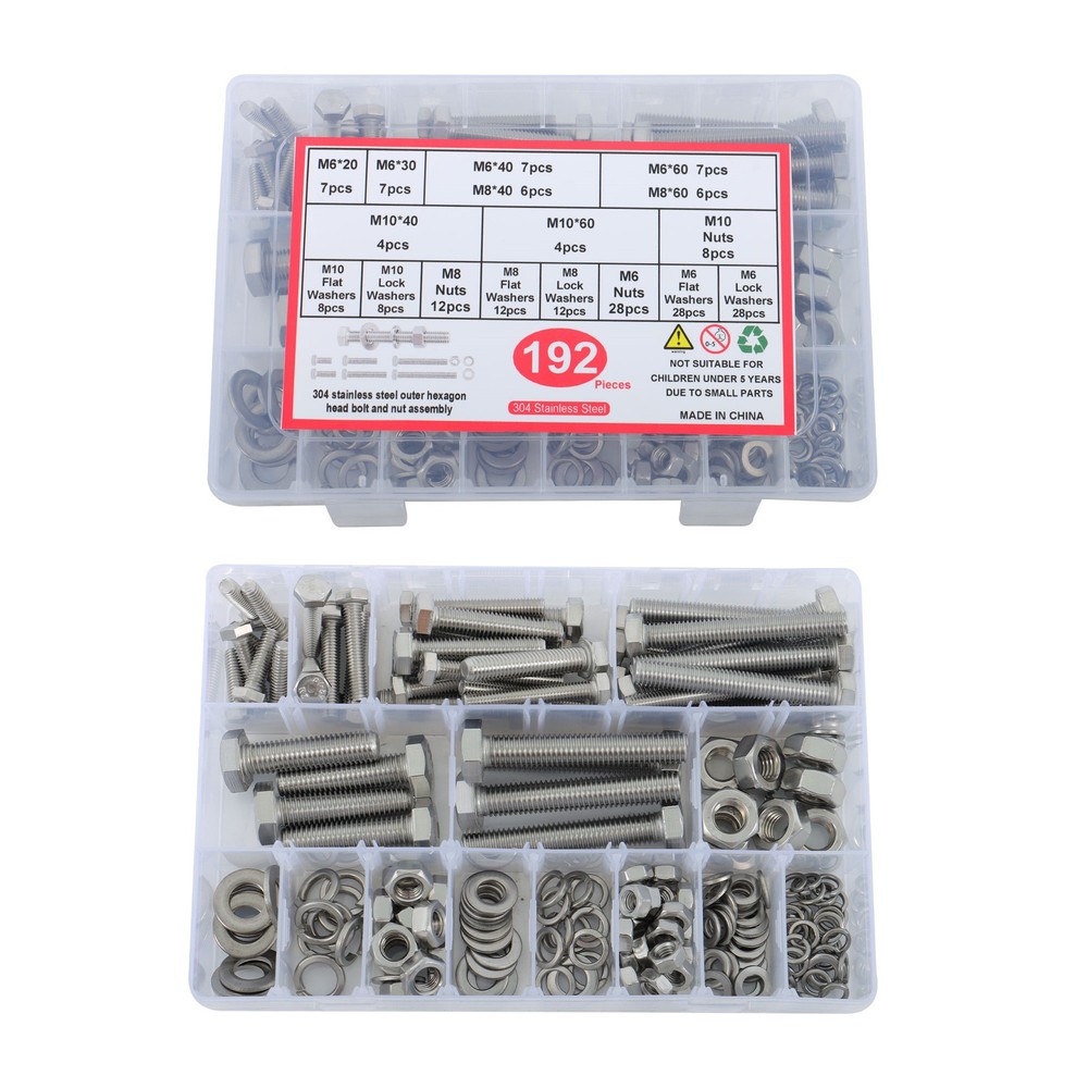 192PCS Stainless Steel Heavy Duty Hex Bolt/Nut Kit M6/M8/M10 304SS w/Washers