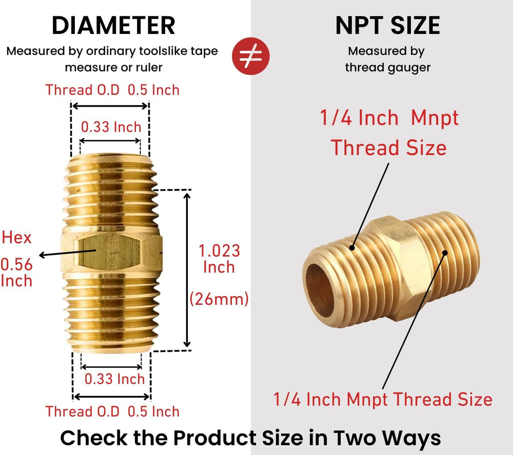 4x Brass Hex Nipple 1/4″ NPT X 1/4″ NPT Male Pipe Adapter Thread 0.5″ OD to 0.5″