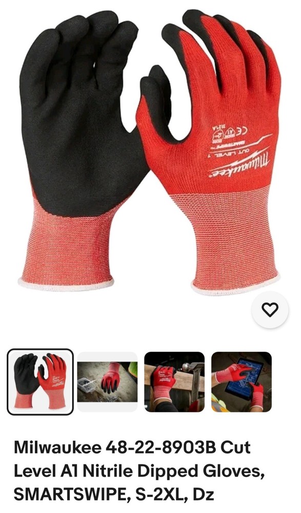 Milwaukee 48-22-8903B Cut Level A1 Nitrile Dipped Gloves, SMARTSWIPE, S-2XL, Dz