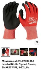 Milwaukee 48-22-8903B Cut Level A1 Nitrile Dipped Gloves, SMARTSWIPE, S-2XL, Dz