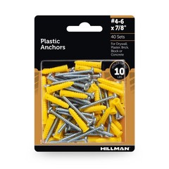 Hillman Plastic Anchors with Screws, #4-6, Holds up 10lbs, 40 Sets, New