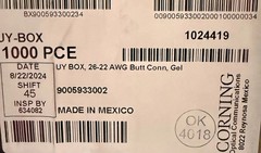 Corning UY2 Connectors Gel 26-22 AWG, 1000 per box. 18 boxes qty total 18,000