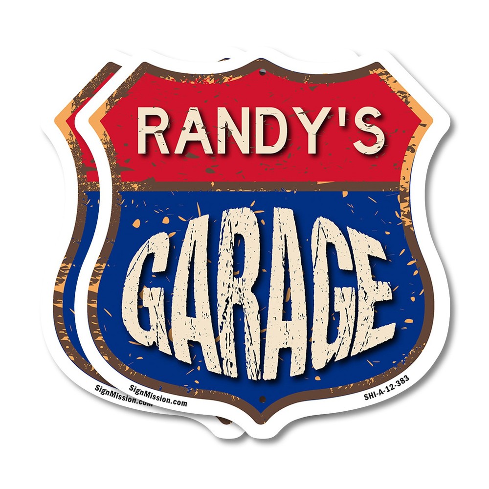 Randy’s Garage Shield Shaped Sign Weather Resistant Crafted in the USA