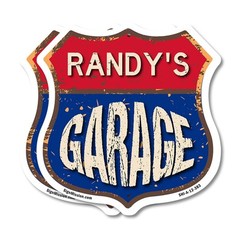 Randy’s Garage Shield Shaped Sign Weather Resistant Crafted in the USA