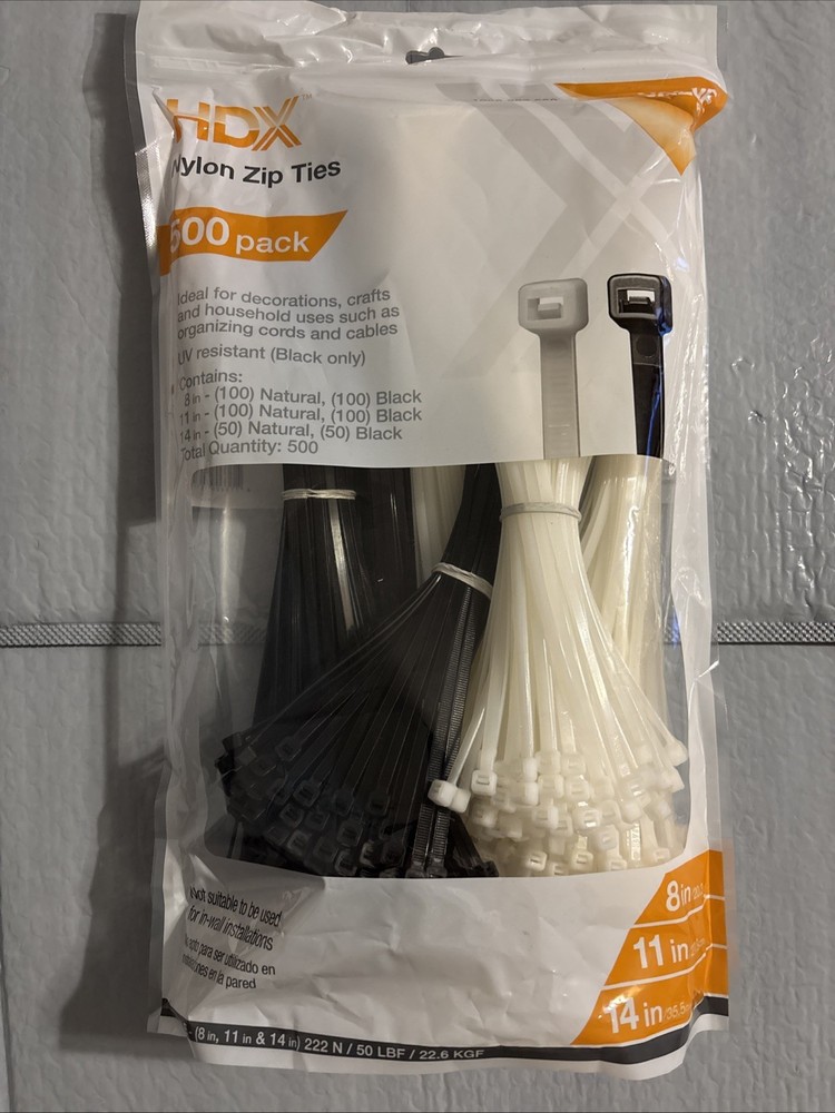 500 Pack HDX Assorted Length Nylon Zip Ties 8/11/14 Inch 250 Black & 250 White