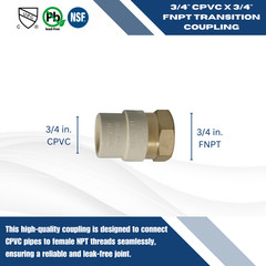 10 Pcs. 3/4″ Female NPT x 3/4″ CPVC Adapter, Lead Free, 3/4″ CPVC Female Adapter
