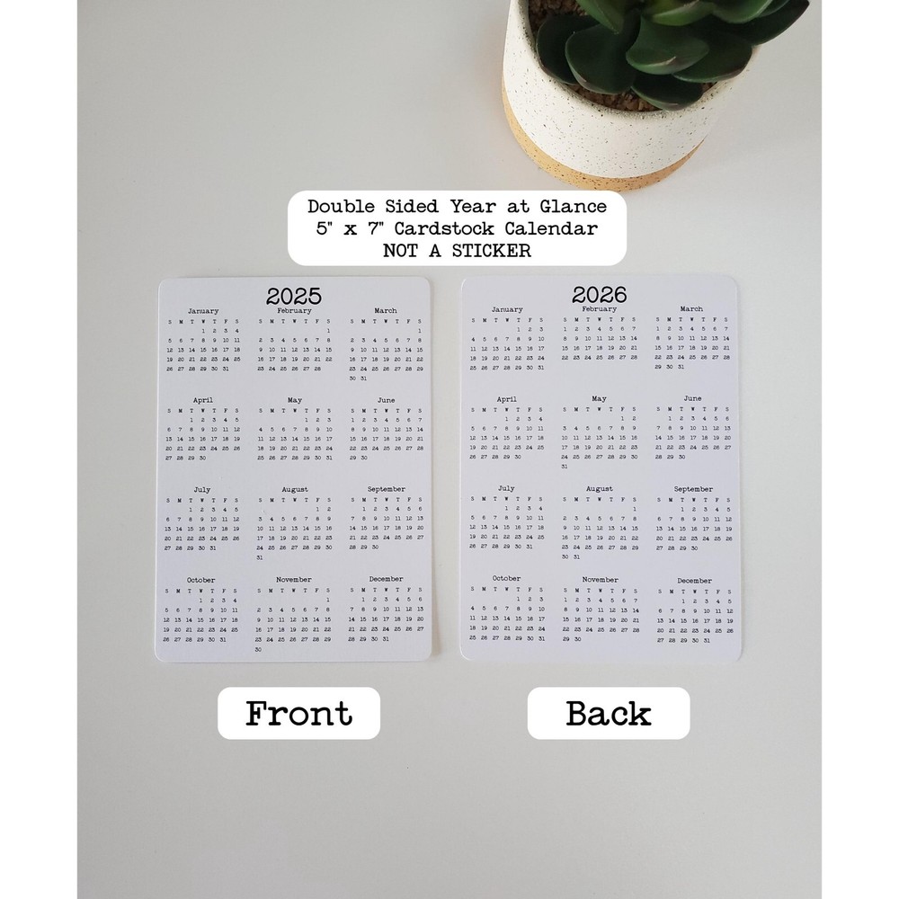 Double Sided Year At A Glance Cardstock Calendar With 2 Years 5″ x 7″