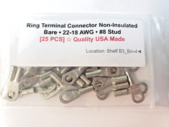 Ring Terminal Connector Non-Insulated Bare 22-18 AWG #8 Stud – 25 PCS *USA Made