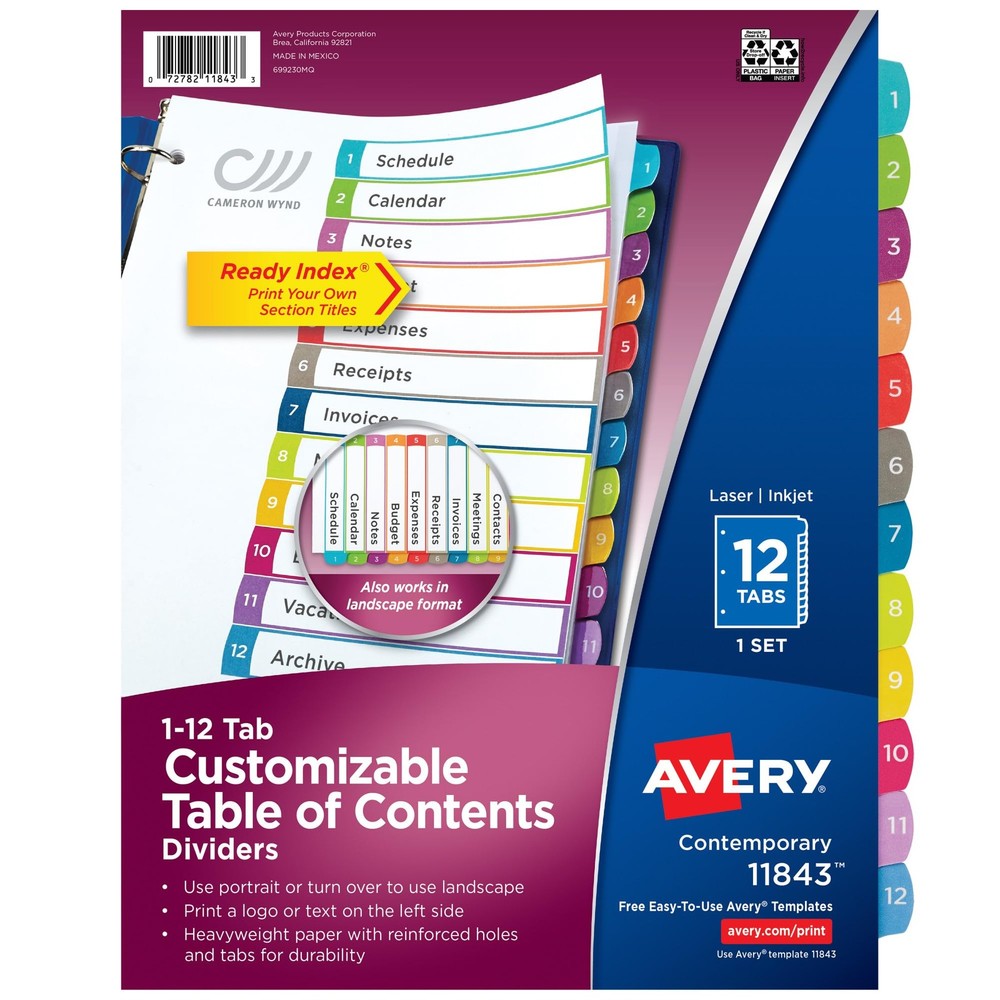 Avery Dividers for 3 Ring Binders, 12 Tabs per Set, One Size, Multicolor