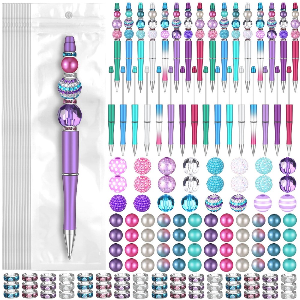 24 Sets Assorted Plastic Beadable Pens Multicolor Bubblegum Crystal Spacer Be…