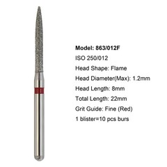 Dental Diamond Burs Flame Fine Grit FG 863/012F Bur Red for High Speed Turbine