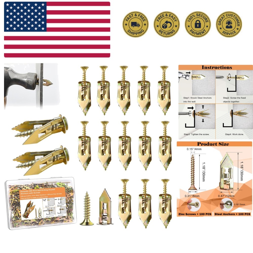 200 Pcs Self Drilling Drywall Anchors with Screws,100 Sheetrock Anchors 0.47x…