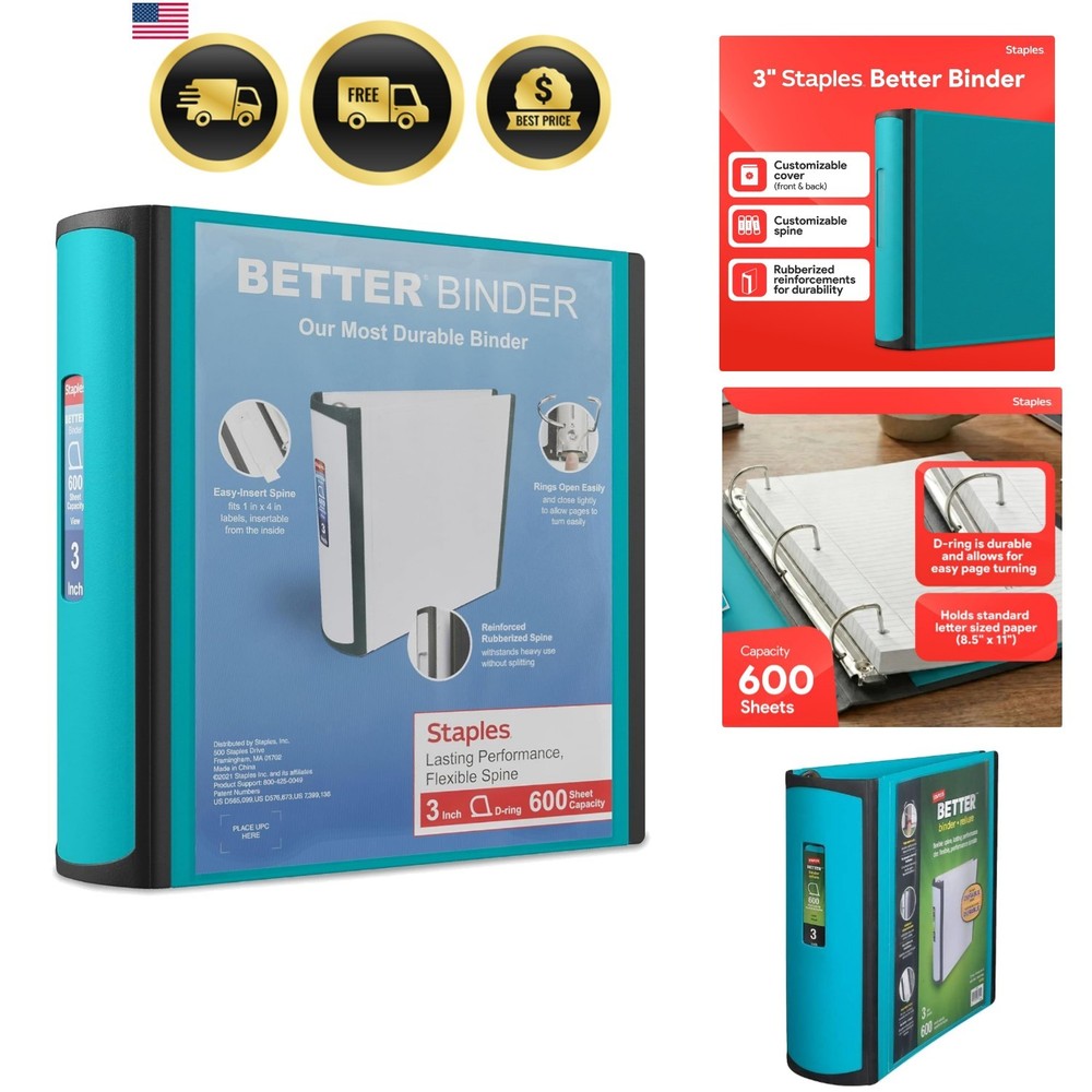 Heavy-Duty 3-Inch D-Ring Binder, Teal – Large Capacity 3-Ring Binder with Poc…