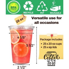 20 oz Clear Plastic Cups with Lids 25 Sets Disposable Iced Coffee Cups To Go Sip