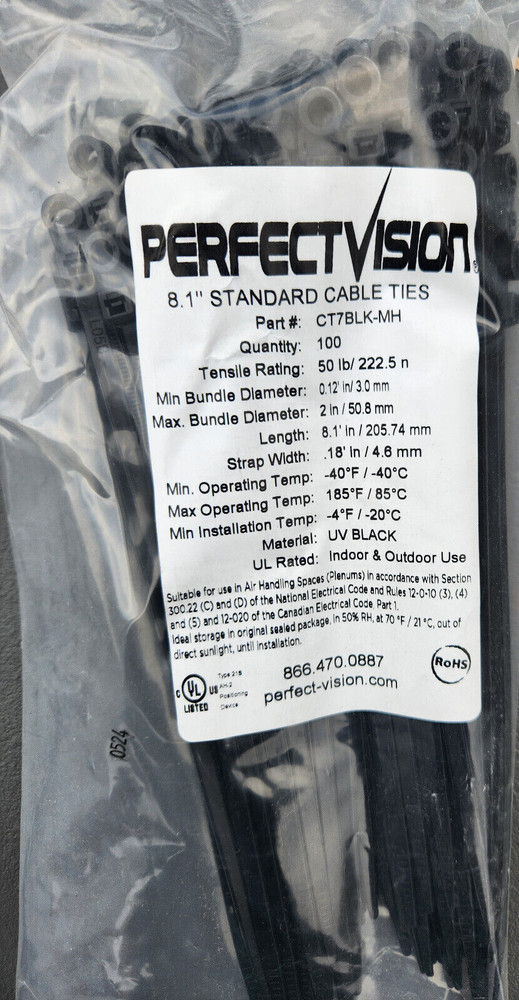 (100 Pcs) PERFECT VISION BLACK 8.1″ STANDARD CABLE TIES, CT7BLK-MH