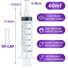 60ml Syringe for Liquid, Oral, Scientific Labs, Measurement, 60 ml, 3 pack